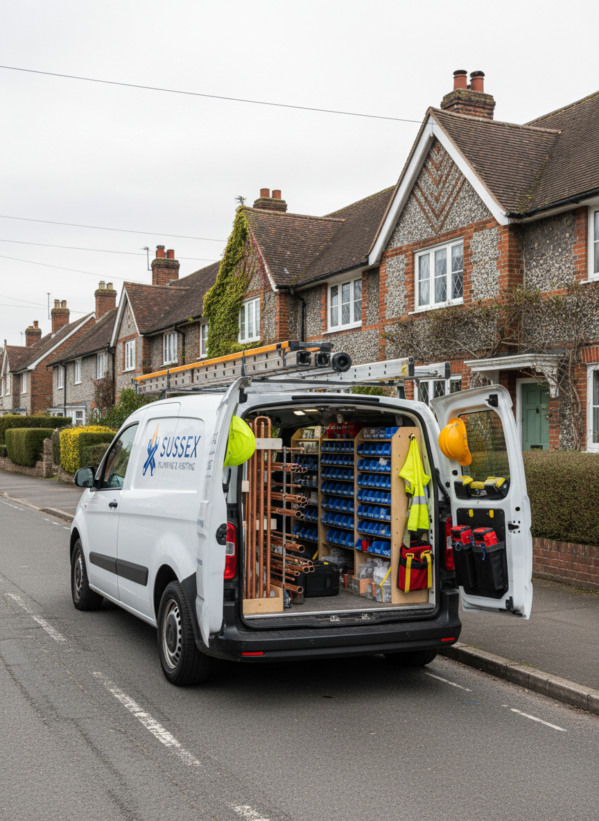 A detailed, wide-angle scene of a compact, well-equipped plumbing and heating van parked on a quiet Sussex residential street, with the rear doors open to reveal neatly racked copper pipes, plastic fittings, boiler flues, and organized tool storage. In the background, a row of characteristic Sussex brick and flint houses and low hedges subtly indicates local coverage without dominating the frame. Overcast daylight provides soft, even illumination with minimal shadows, conveying a calm, dependable mood. The composition uses the rule of thirds, keeping the van and its tidy interior as the main focus, captured in a realistic, professional style that suggests readiness for callouts across the county.