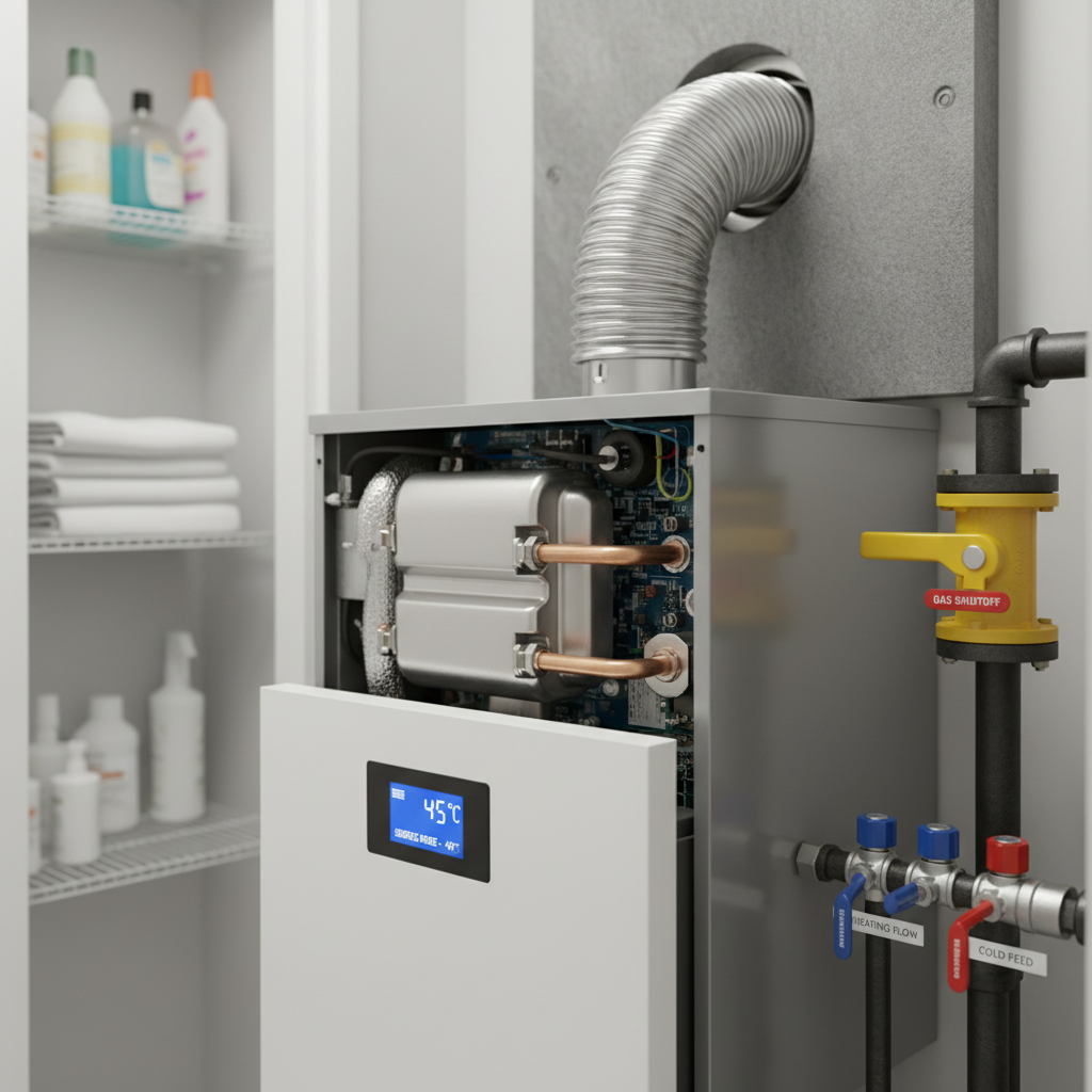 A close-up view of a modern condensing boiler servicing setup, with the boiler front panel open to reveal pristine internal components, clearly routed pipes, and digital display. A robust metallic flue exits through an insulated exterior wall, while a bright yellow gas isolation valve and labeled shutoff controls are prominently visible, subtly reinforcing gas safety and compliance. The scene is set in a tidy utility cupboard with white painted walls and organized shelving in the blurred background. Neutral, diffused artificial lighting eliminates glare, highlighting the detail of the components. Captured with a slightly angled, documentary-style composition, the mood is technical yet reassuring, ideal for illustrating professional boiler servicing and safety checks.
