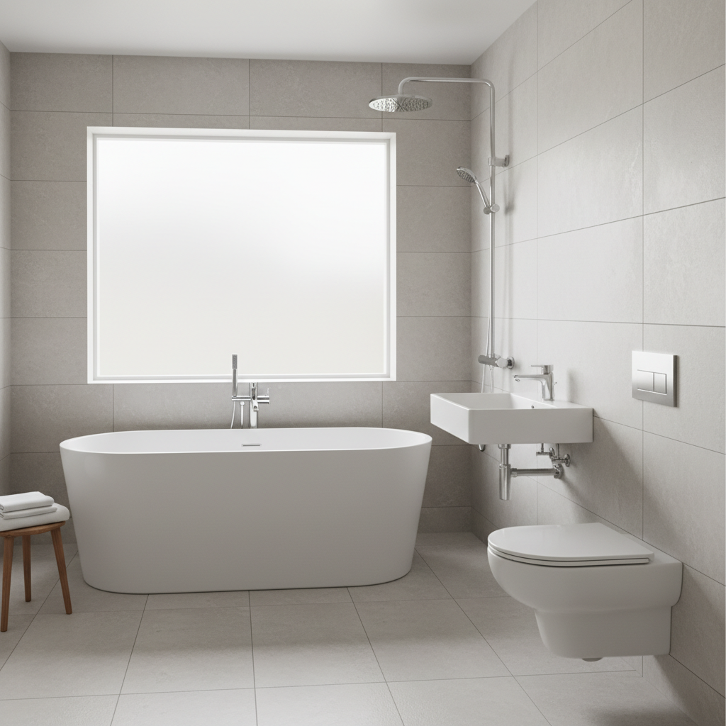 A bright, newly installed contemporary family bathroom showcasing expert plumbing work, with a deep white acrylic bathtub, wall-hung ceramic basin, and a concealed cistern toilet aligned perfectly along one wall. Chrome taps and a rainfall showerhead gleam against large, pale stone-effect tiles that extend from floor to ceiling. Natural daylight enters through a frosted window, softened by overcast skies, creating a fresh, inviting glow and subtle reflections on the polished surfaces. Shot from a slightly elevated angle to show the layout, the image has a clean, professional, high-end feel, emphasizing quality bathroom installations and careful attention to pipework and drainage concealed behind flawless finishes.