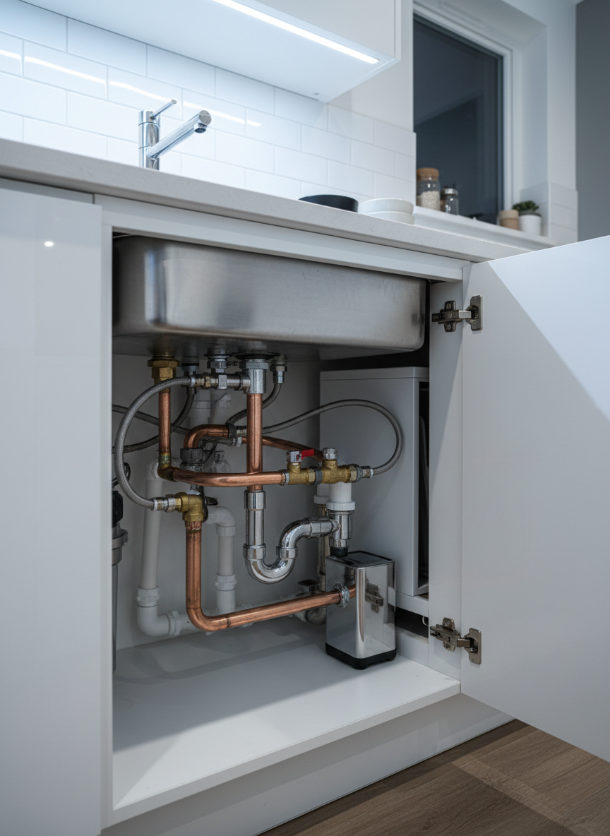 A pristine under-sink installation beneath a modern kitchen worktop, revealing flawlessly aligned copper and plastic pipework, isolation valves, and a neatly installed trap connected to a stainless steel sink above. The surrounding cabinetry is bright white with soft-close hinges, and a subtle glimpse of a clean, minimalist kitchen is visible through the open door in the background. Cool, bright LED task lighting under the units creates sharp but controlled highlights on the pipework, emphasizing the quality of the joints and leak-free connections. Captured from a low, slightly angled viewpoint with clear, realistic detail, the image projects competence in general plumbing repairs and installations, with an overall tidy and reassuring atmosphere.