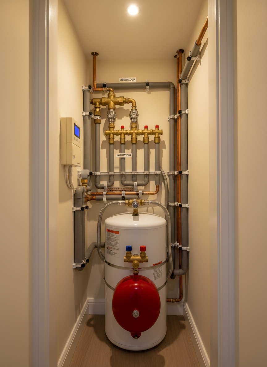 An organized boiler and cylinder cupboard in a small Sussex hallway, featuring a white unvented hot water cylinder with clearly marked expansion vessel, pressure relief valves, and neatly insulated pipework. Above and beside it, carefully clipped manifolds and zone valves feed an underfloor heating system and multiple radiators, with a digital programmer mounted on the wall nearby. Warm, neutral overhead lighting fills the narrow space, creating a clean, professional look with soft, controlled shadows. The shot is taken from the doorway at a slightly elevated angle to show the full arrangement, emphasizing how complex heating systems can still be installed tidily and efficiently within compact domestic spaces.