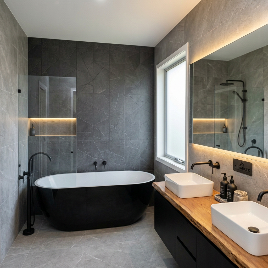 Two professionals discussing renovation plans in a contemporary bathroom
