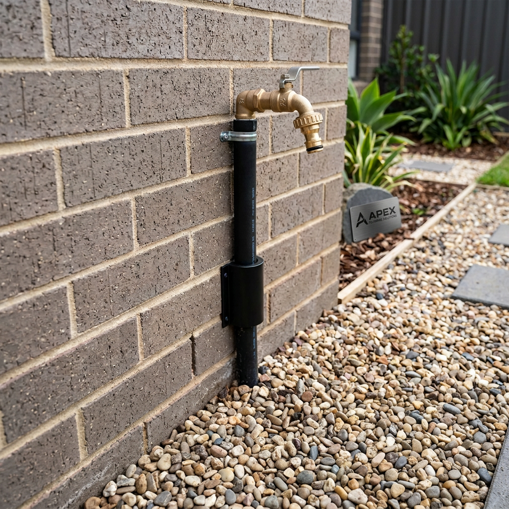 Outdoor brass water tap with blue handle installed on brick wall with Apex Plumbing Solutions sign