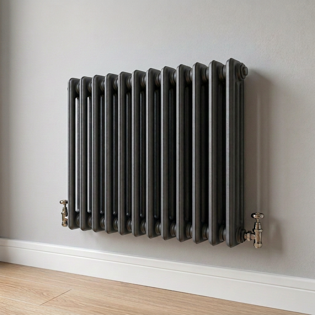 White radiator with TradeHeat logo and copper pipes attached on light-colored wall