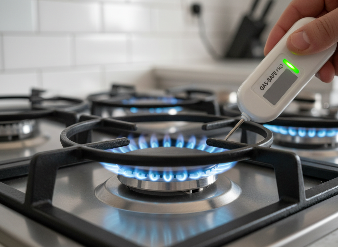 Blue gas flame on a hob burner — gas safety check